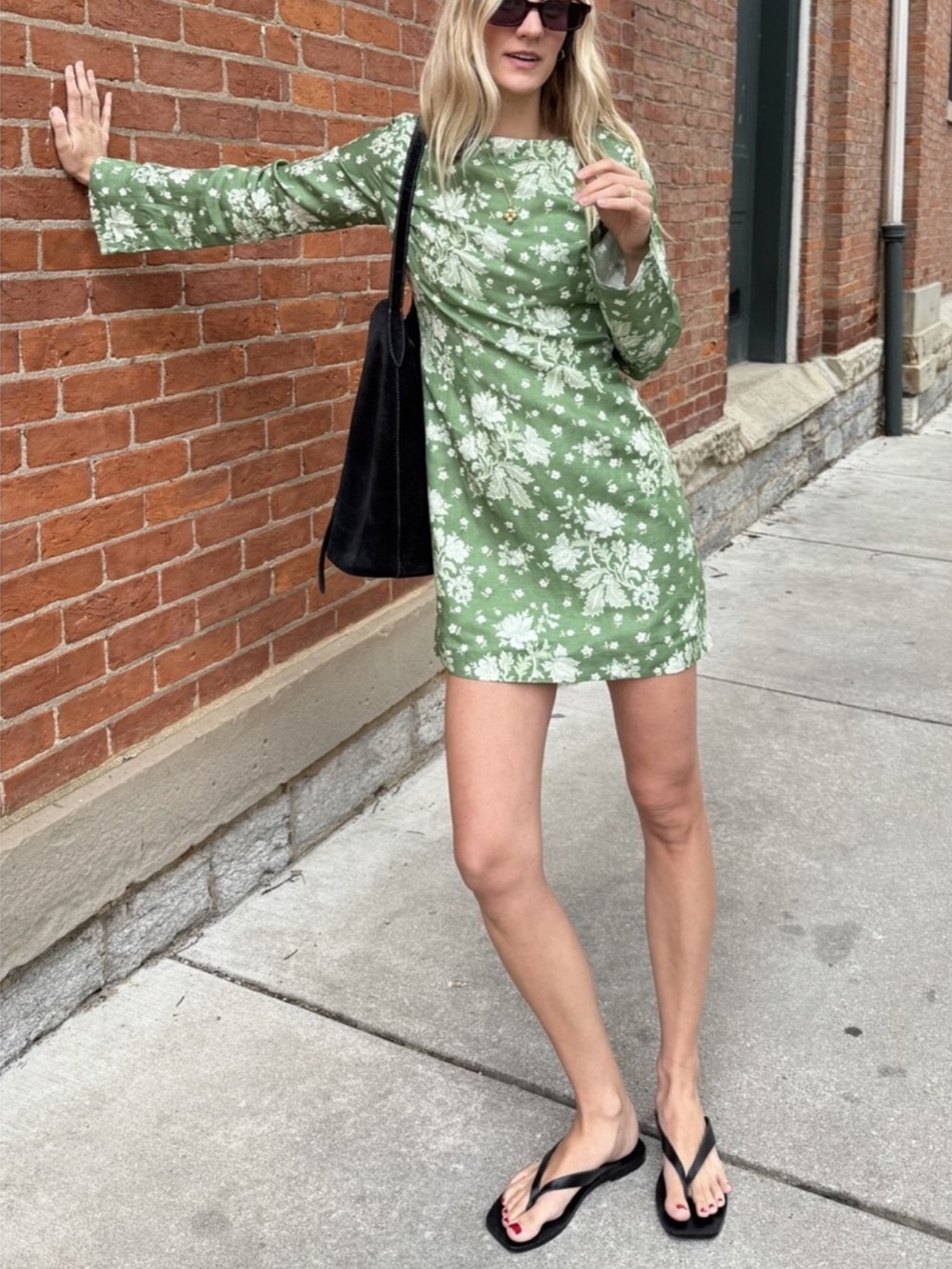 Hill House Long Sleeve Green Floral Viola Dress